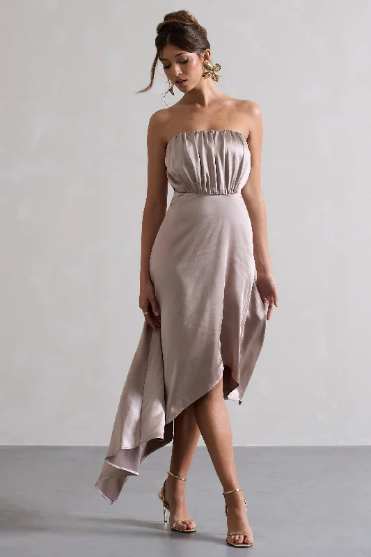 Maxi Dresses for Spring Chill -Willa | Taupe Satin Bandeau Maxi Dress With Asymmetric Hem