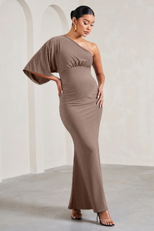 Knotted Maxi Dresses -Wisdom | Mocha Ruched Asymmetric One-Shoulder Maternity Maxi Dress