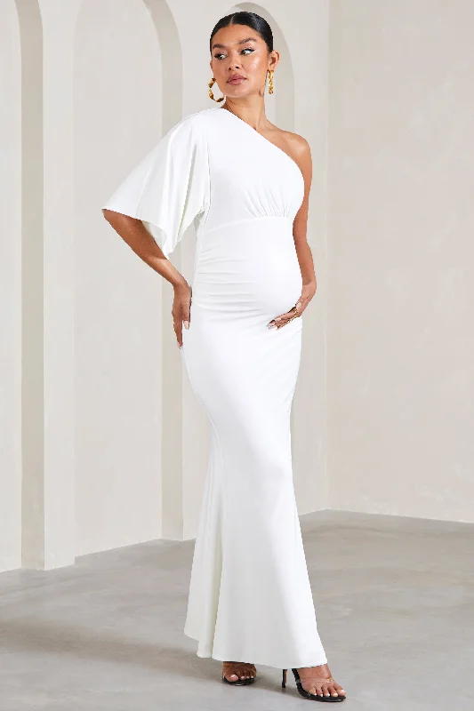 Cowl-Neck Maxi Dresses -Wisdom | White Ruched Asymmetric One-Shoulder Maternity Maxi Dress