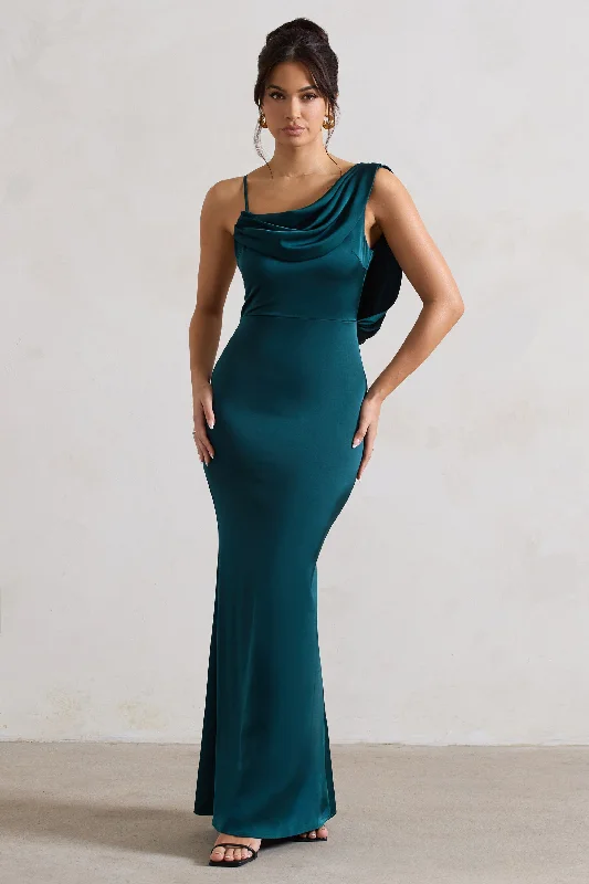 Pleated-Hem Maxi Dresses -Wistful | Dark Green Satin Asymmetric Cowl-Neck Maxi Dress