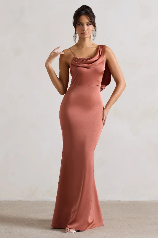 Ruffle-Hem Maxi Dresses -Wistful | Rust Satin Asymmetric Cowl-Neck Maxi Dress