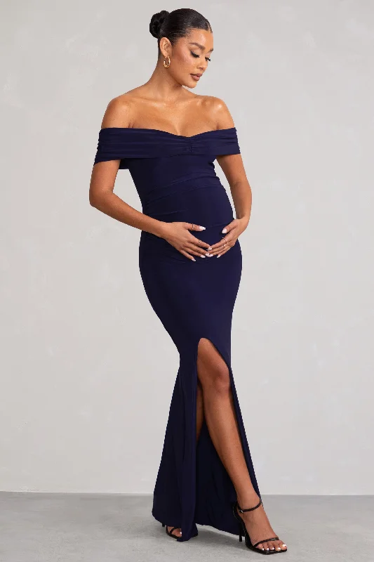 Maxi Dresses for Night Fun -Worth The Wait | Navy Maternity Ruched Bardot Split Hem Maxi Dress