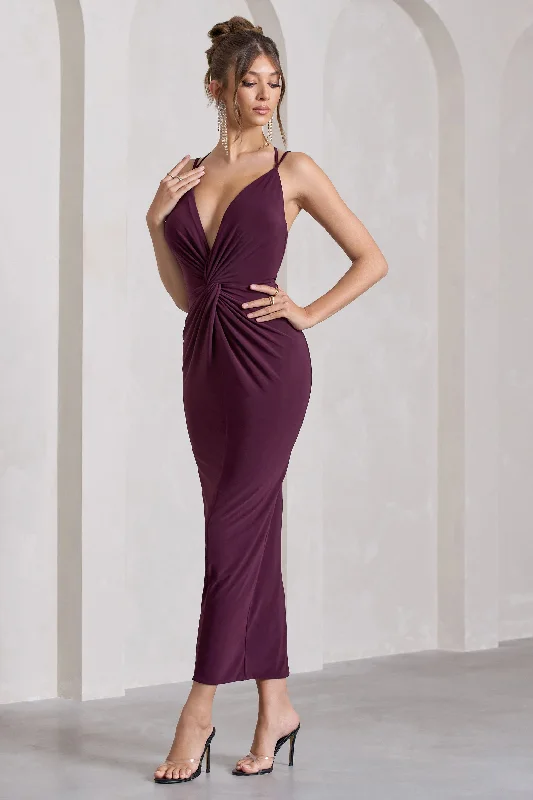 Maxi Dresses for Graduations -Yvette | Plum Plunge-Neck Twisted Maxi Dress With Cross-Back