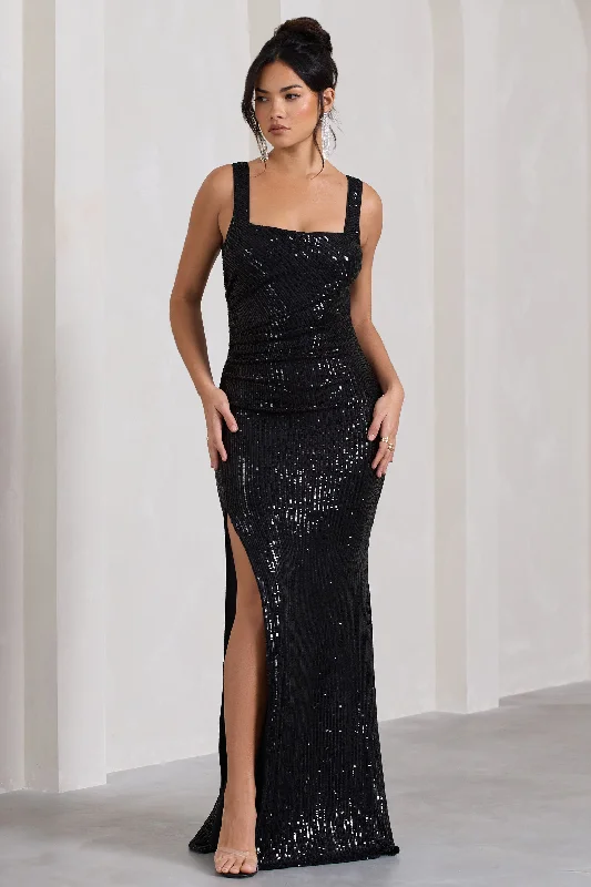 Twist-Edge Maxi Dresses -Yvonne | Black Sequin Open-Back Bodycon Maxi Dress