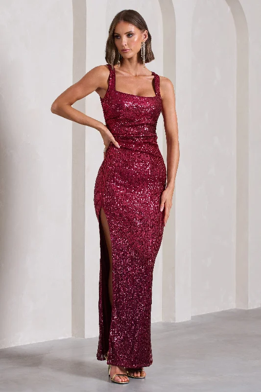 Shift-Edge Maxi Dresses -Yvonne | Plum Sequin Open-Back Bodycon Maxi Dress