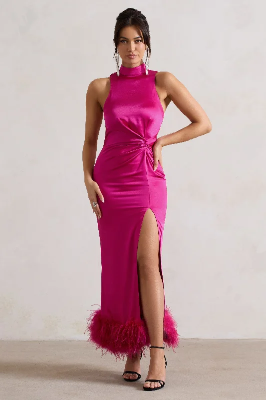 Front-Tie Maxi Dresses -Zoe | Dark Pink Satin Twist Split Maxi Dress With Feather Trim