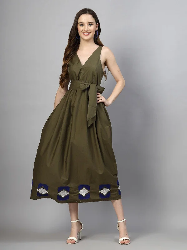 Midi Dresses for Charity Galas -SMERA MART 100% Poplin Cotton Summer Fit & Flare Midi Dress for Women - Olive