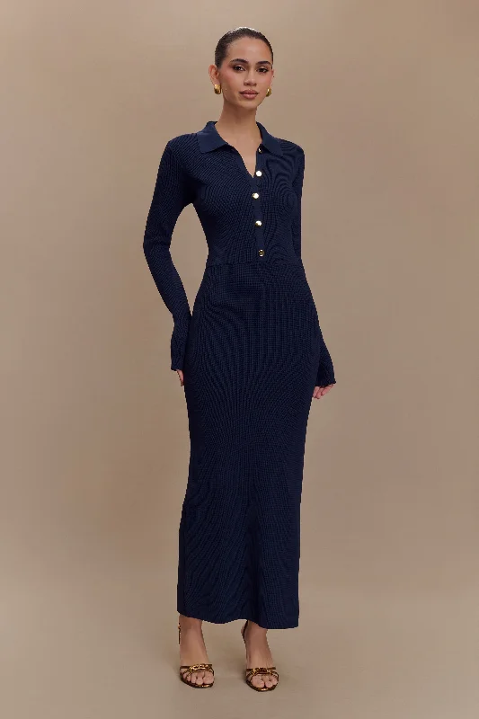 Midi Dresses in Matte Silk -Abbey Buttoned Knit Midi Dress - Navy