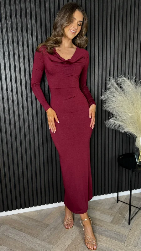 Midi Dresses with Smocked Waist -Alisha Burgundy Cowl Neck Long Sleeve Midi Dress