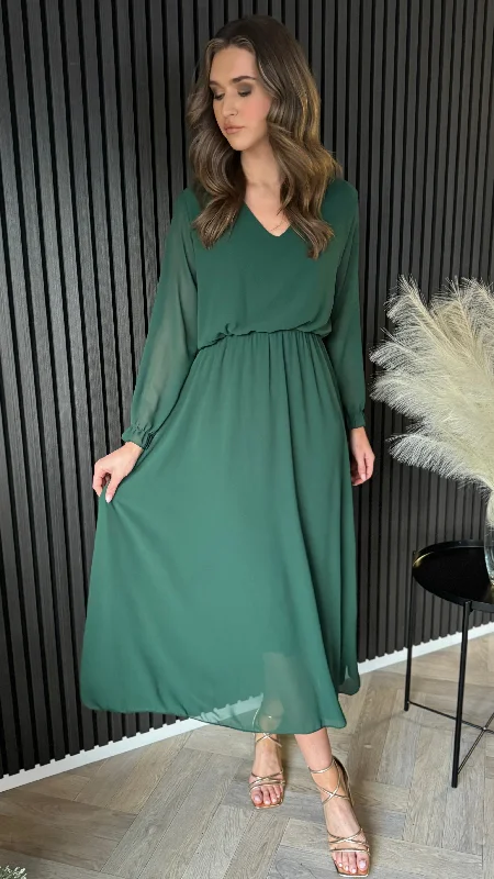 Midi Dresses in Subtle Patterns -Beatrix Forest Green V Neckline Midi Dress