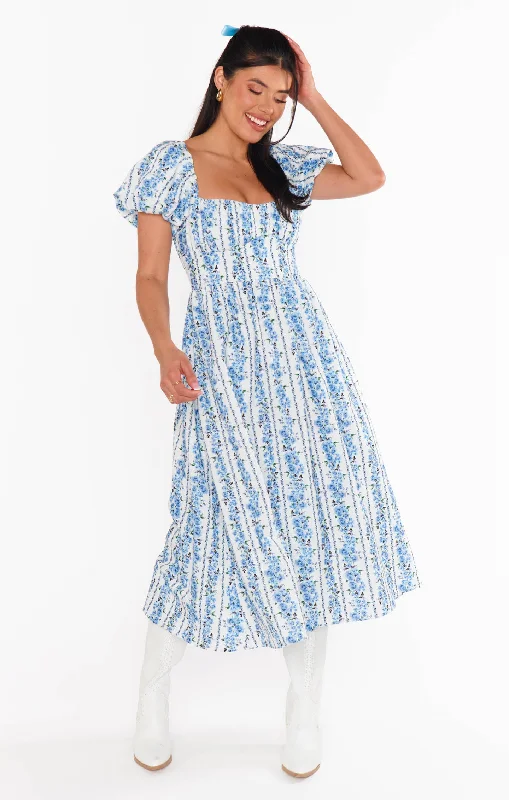 Midi Dresses with Pleated Edge -Belle Midi Dress ~ Blue Bliss Stripe