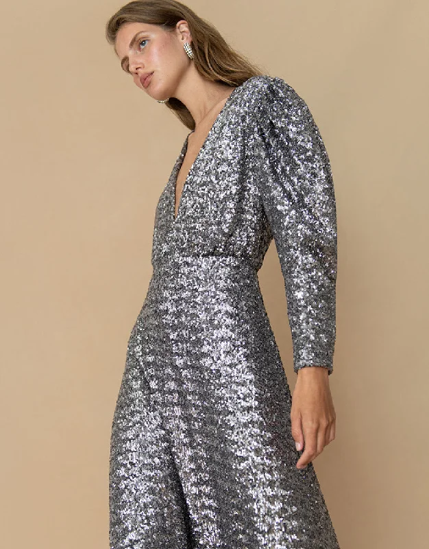 Midi Dresses with Side Buttons -Bernadette Sequin Midi Dress - Pewter - SALE