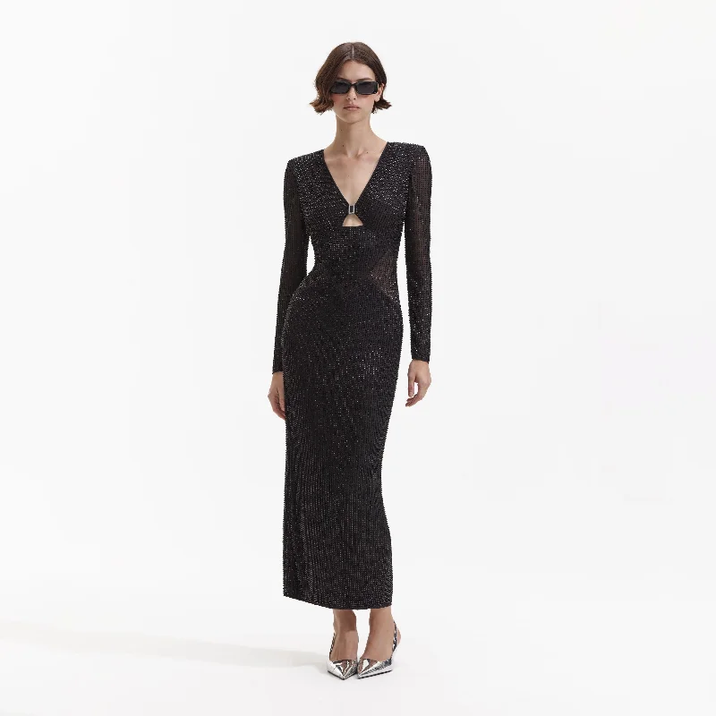 Midi Dresses for Family Gatherings -Black Beaded Mesh Midi Dress