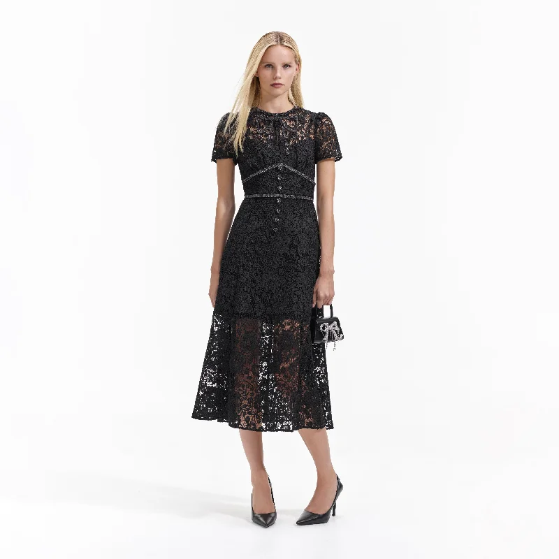 Midi Dresses in Vibrant Hues -Black Cord Lace Bow Midi Dress