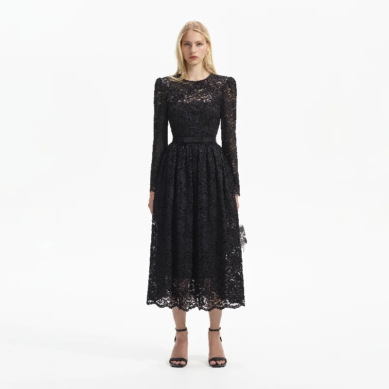 Midi Dresses in Subtle Hues -Black Cord Lace Long Sleeve Midi Dress