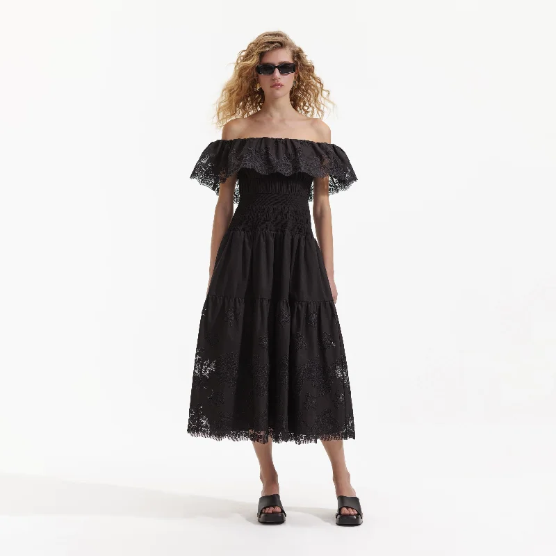 Midi Dresses for Patio Parties -Black Cotton Midi Dress