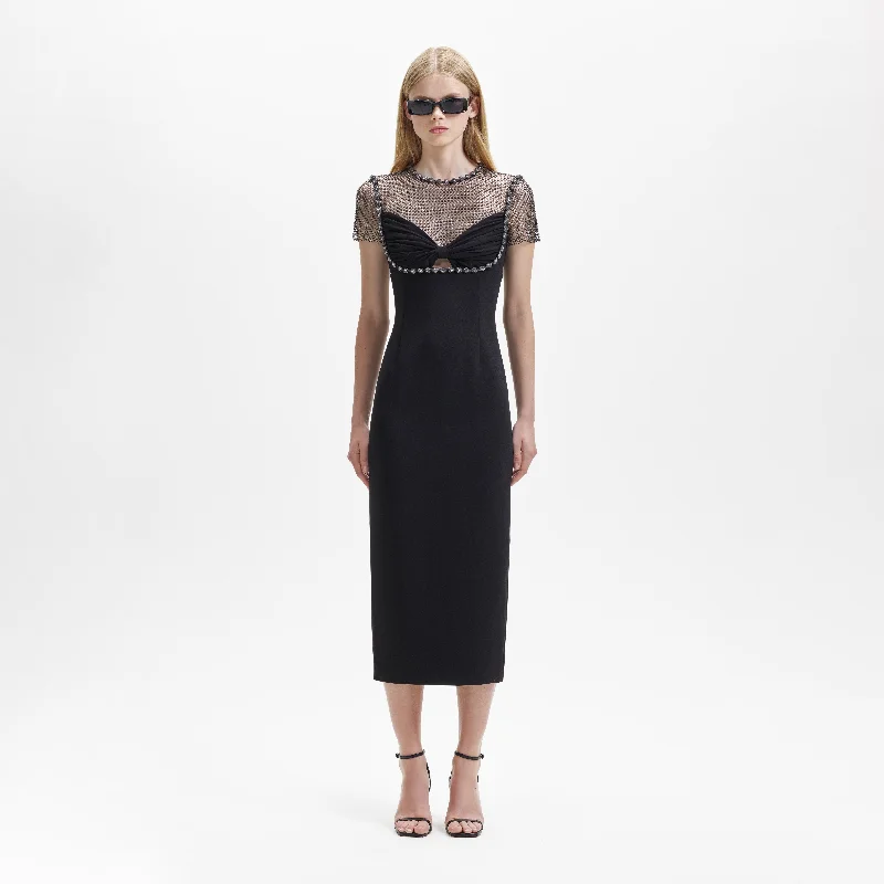 Midi Dresses in Soft Fabric -Black Crepe Diamante Midi Dress