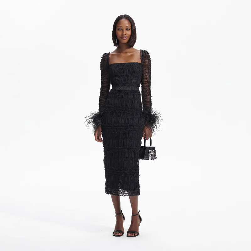 Midi Dresses for Movie Nights -Black Dot Mesh Feather Midi Dress