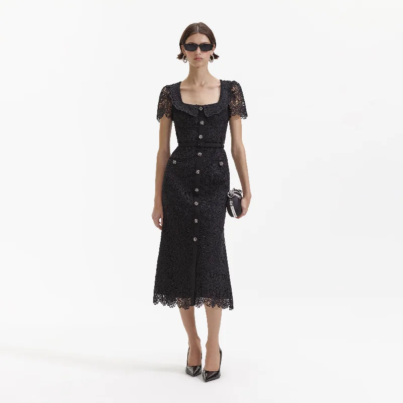 Midi Dresses for Networking Events -Black Guipure Lace Button Midi Dress