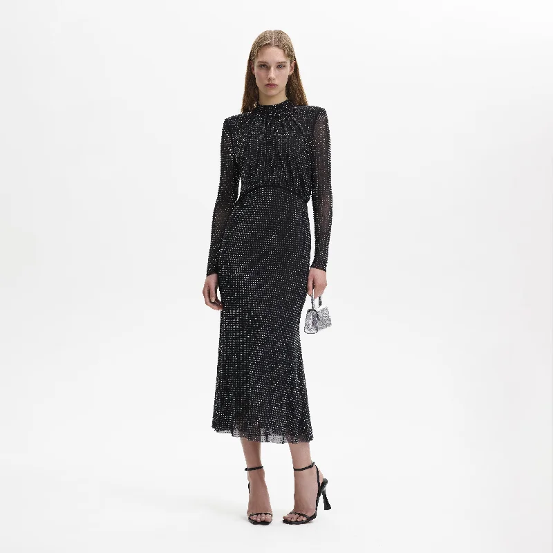 Midi Dresses in Woven Fabric -Black Rhinestone Mesh Long Sleeve Midi Dress