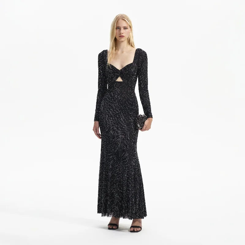 Midi Dresses for Evening Brunches -Black Rhinestone Mesh Sweetheart Midi Dress