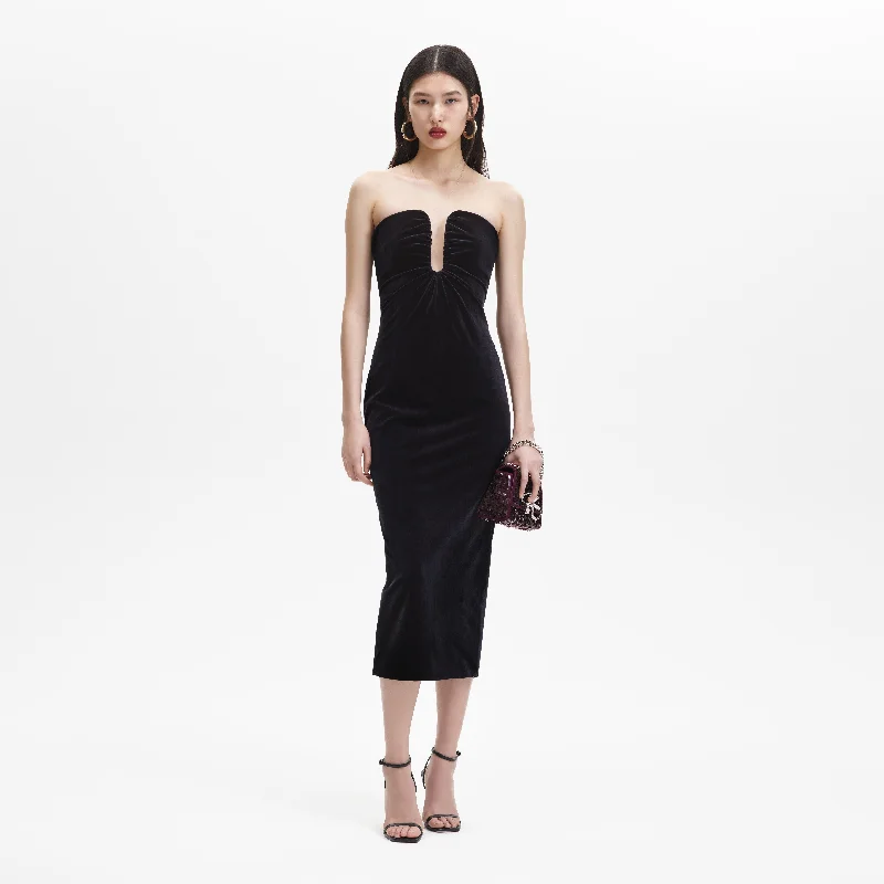 Midi Dresses for Pool Parties -Black Velvet Strapless Midi Dress