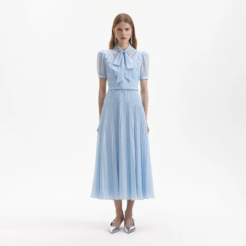 Midi Dresses in Cute Hues -Blue Chiffon Bow Midi Dress