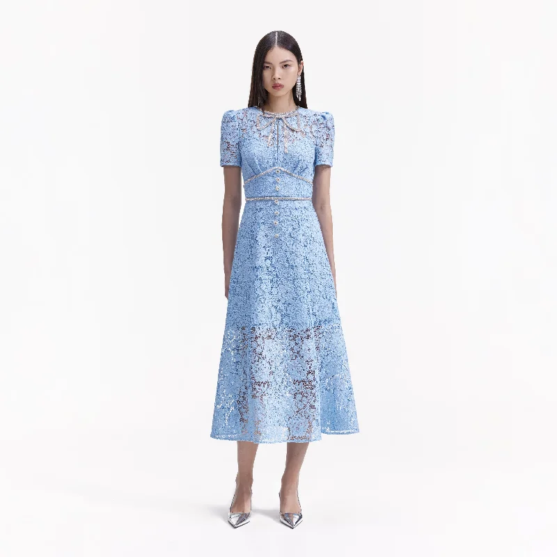 Midi Dresses in Pastel Shades -Blue Cord Lace Bow Midi Dress