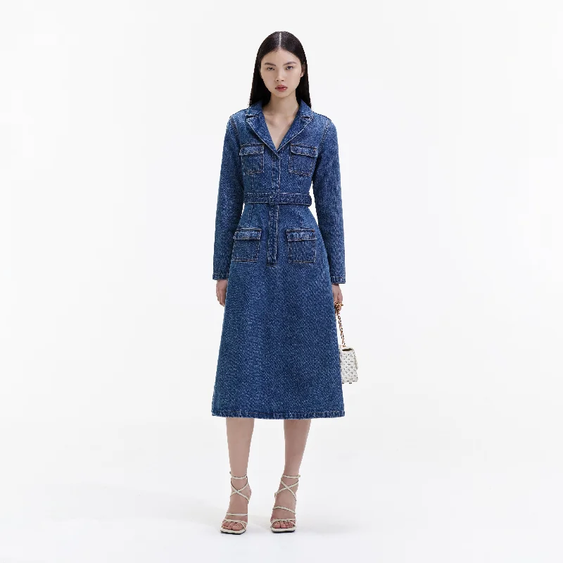 Midi Dresses for Evening Dates -Blue Denim Belted Midi Dress