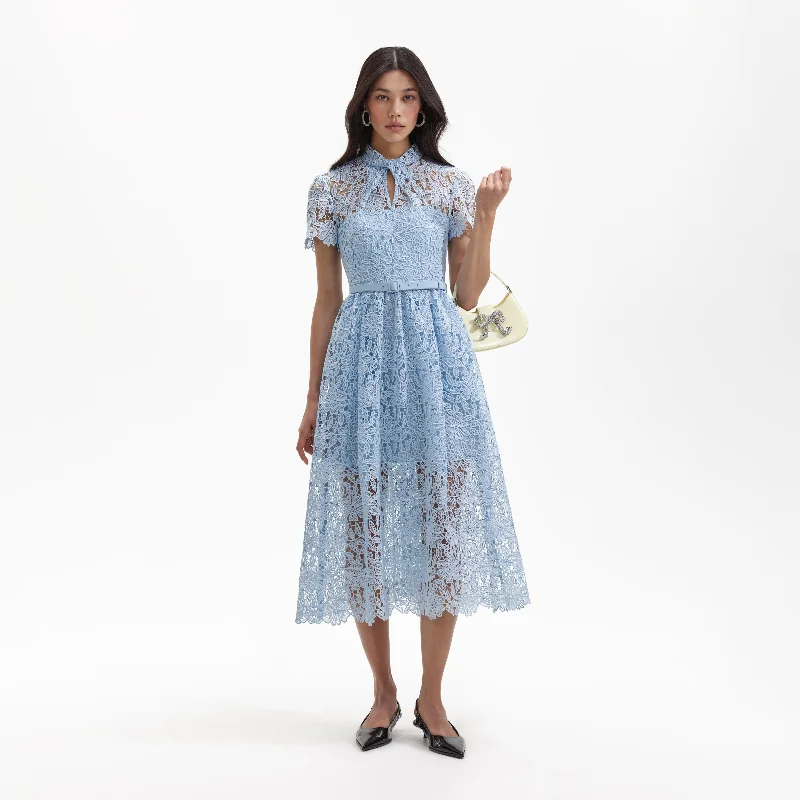 Midi Dresses for Cocktail Events -Blue Lace Keyhole Midi Dress