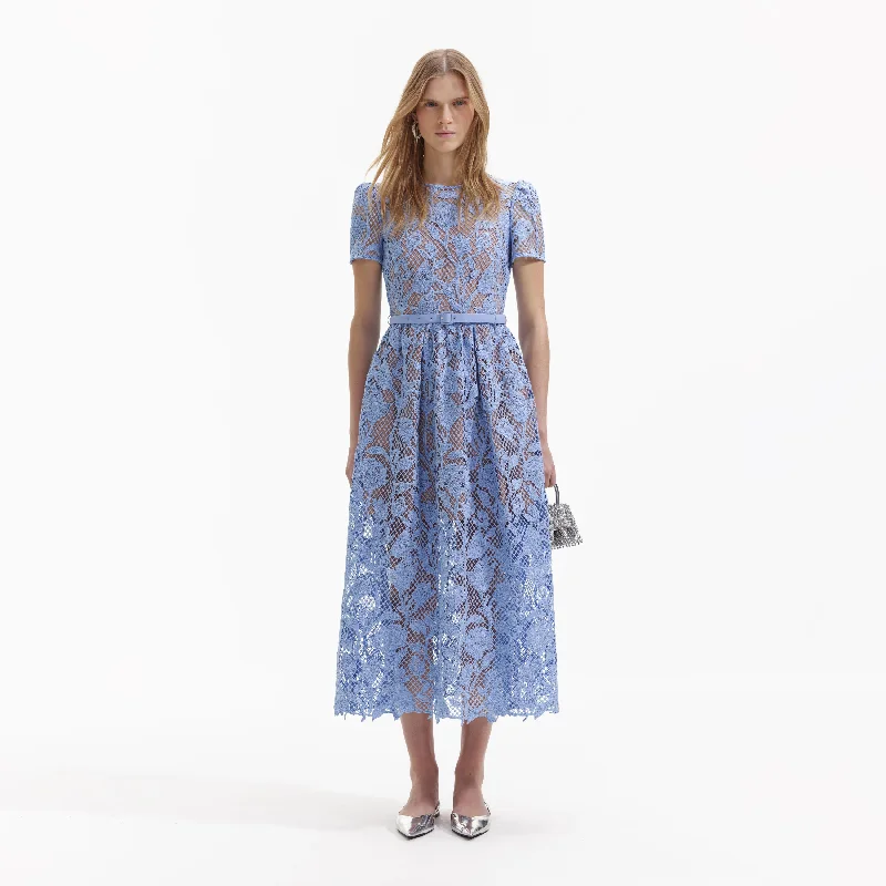 Midi Dresses in Warm Silk -Blue Lily Lace Midi Dress