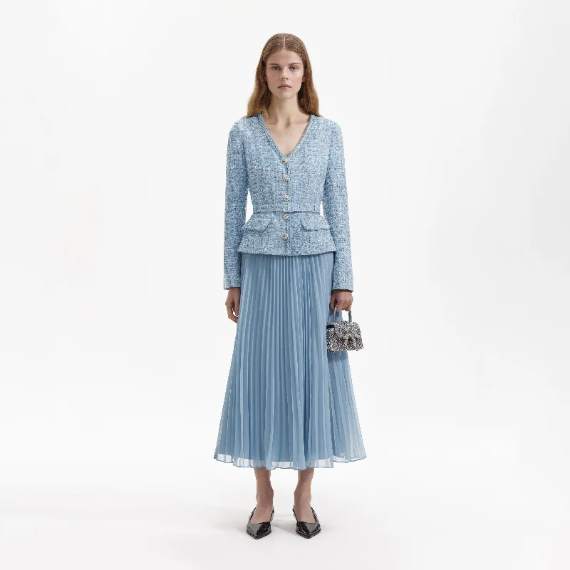 Midi Dresses in Vintage Style -Blue Boucle Tailored Midi Dress