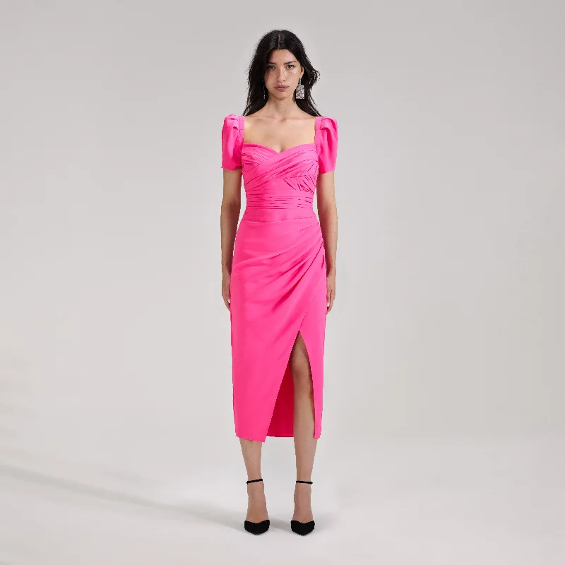 Midi Dresses with Twist Back -Bright Pink Iris Midi Dress