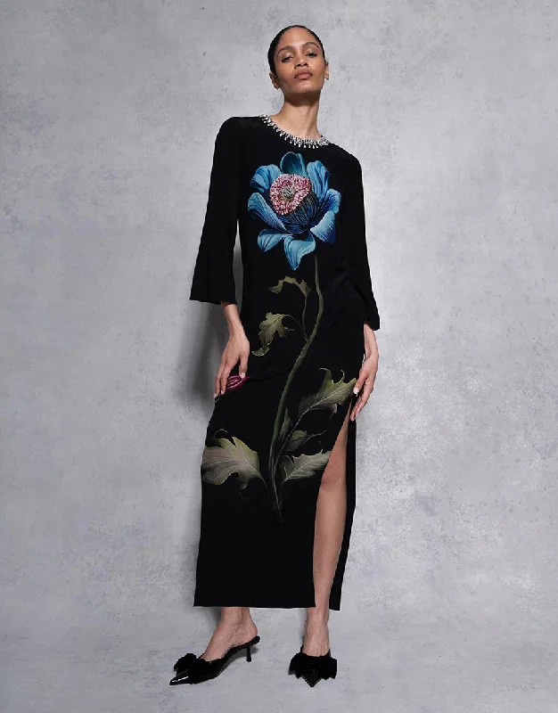 Midi Dresses in Minimalist Style -Capucine Crepe Midi Dress - Painterly Flower