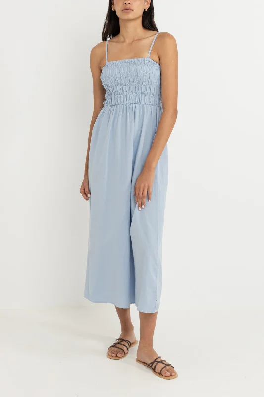 Midi Dresses with Ruffled Front -Classic Shirred Midi Dress Blue