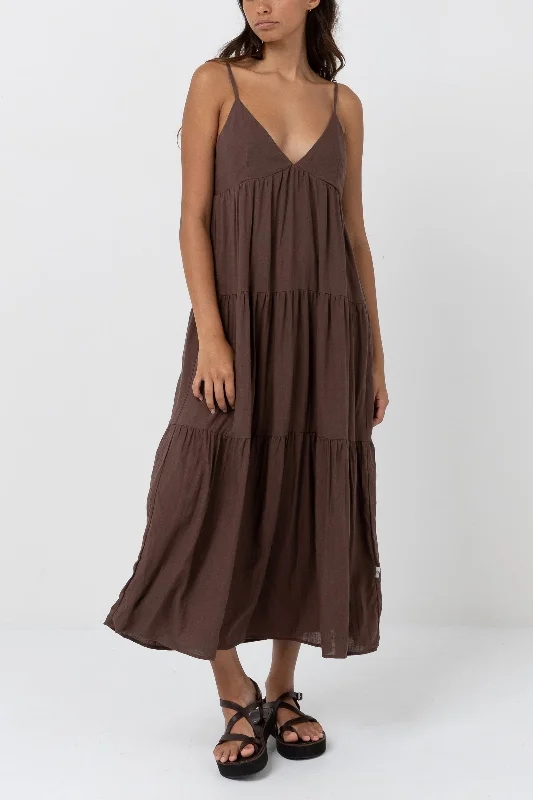 Midi Dresses in Cool Silk -Classic Tiered Midi Dress Chocolate