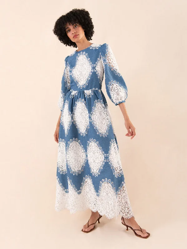 Midi Dresses with Drape Sleeves -Constance Broderie Anglaise Midi Dress - Lace/Denim - SALE