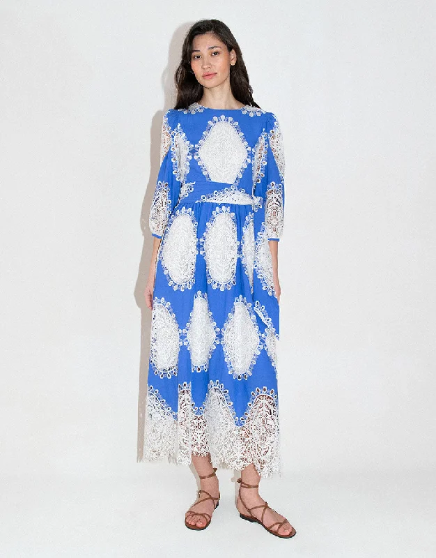 Midi Dresses with Tulip Skirt -Constance Lace Midi Dress - Blue/White