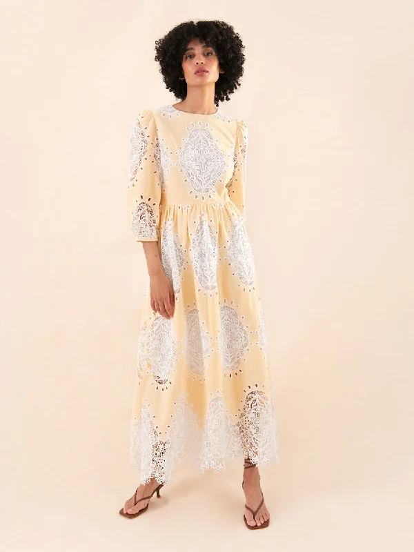 Midi Dresses with Pleated Hem -Constance Round Neck Lace Midi Dress - Pale Yellow - SALE