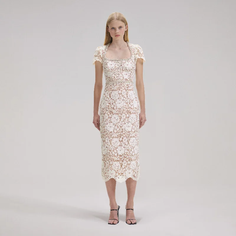 Midi Dresses in Soft Hues -Cream Cord Lace Diamante Midi Dress