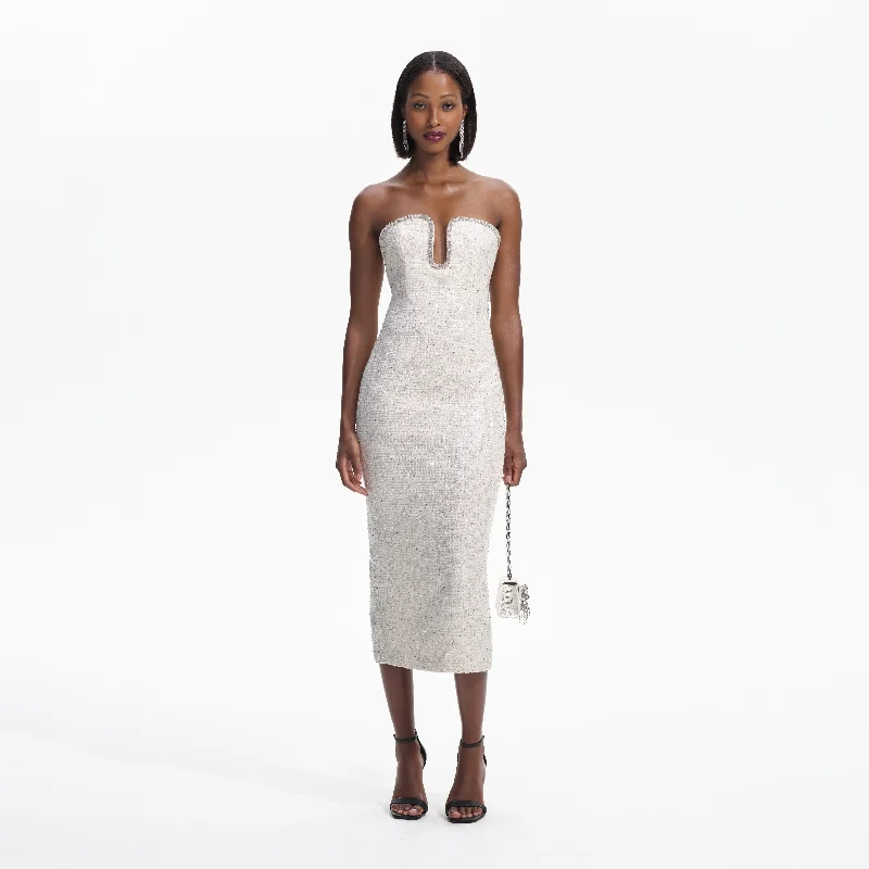 Midi Dresses with Flounce Front -Cream Sequin Boucle Strapless Midi Dress