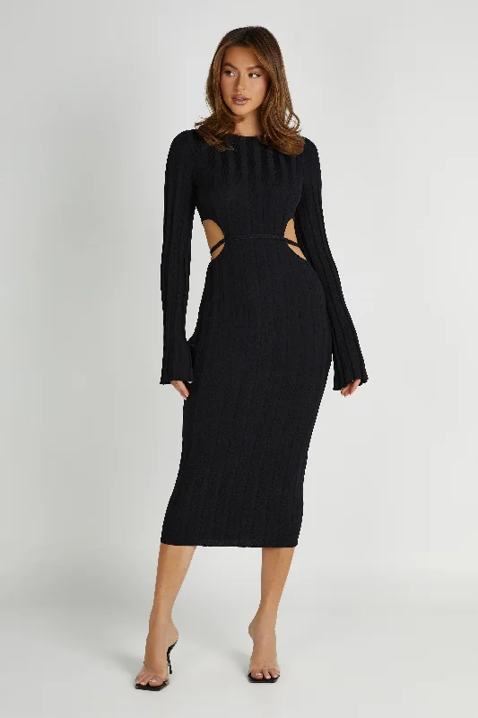 Midi Dresses with Mesh Overlay -Elodie Knit Midi Dress - Black