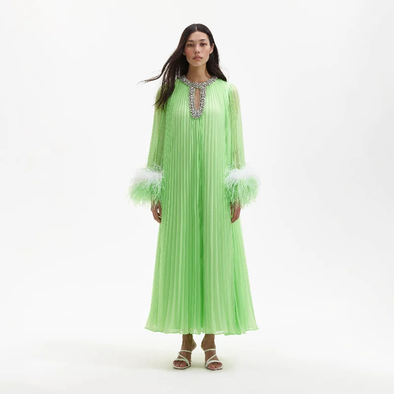 Midi Dresses for Day Outings -Green Chiffon Feather Midi Dress