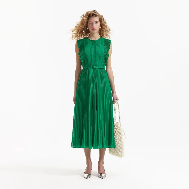 Midi Dresses in Flowing Style -Green Chiffon Sleeveless Ruffle Midi Dress