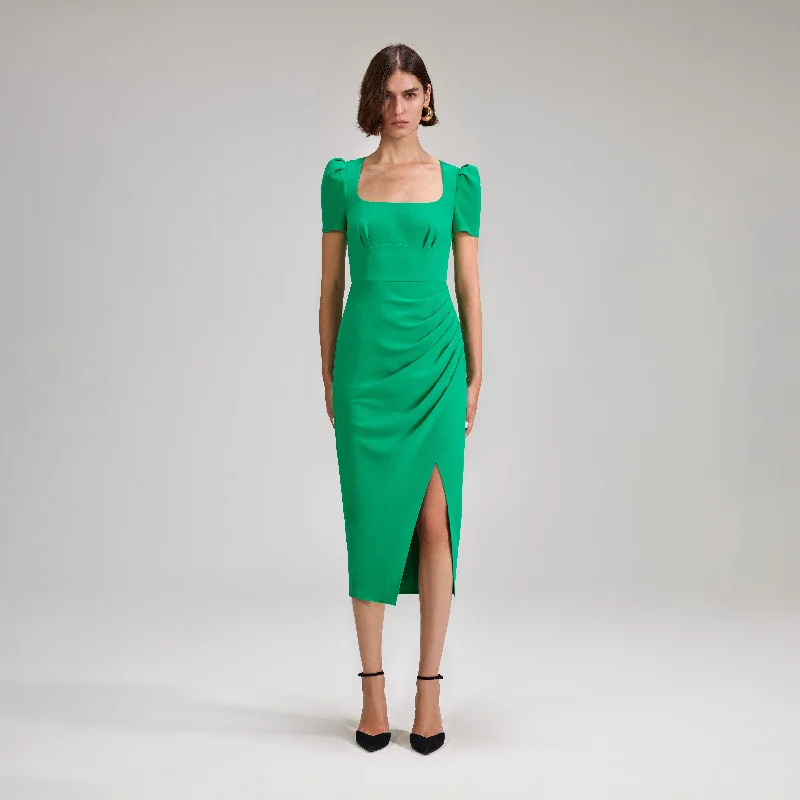 Midi Dresses with Keyhole Back -Green Crepe Midi Dress