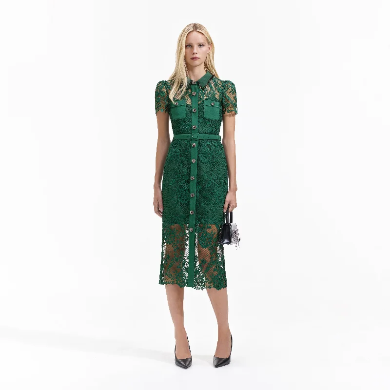 Midi Dresses with Lace Up Front -Green Lace Button Front Midi Dress