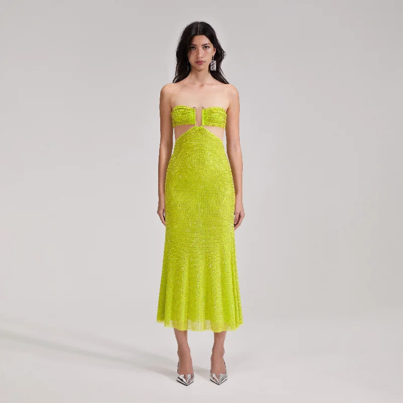 Midi Dresses for Roof Dates -Green Rhinestone Mesh Midi Dress