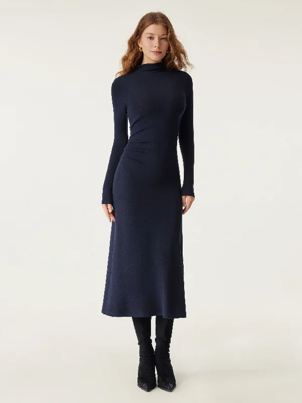 Midi Dresses with Front Ruffles -Heat-Tech Long Sleeves Mockneck Tucks Midi Dress