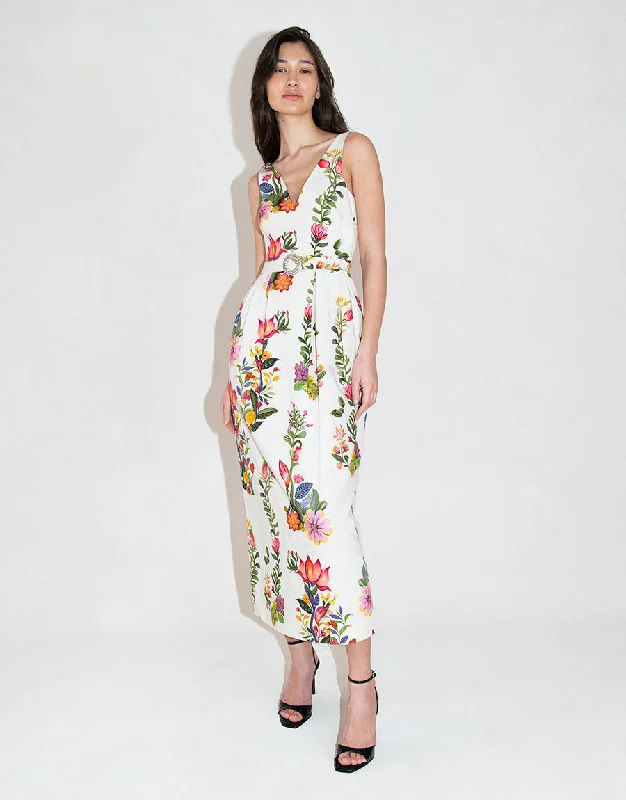 Midi Dresses in Flowing Style -Jules Floral Jacquard Midi Dress - Sierra White