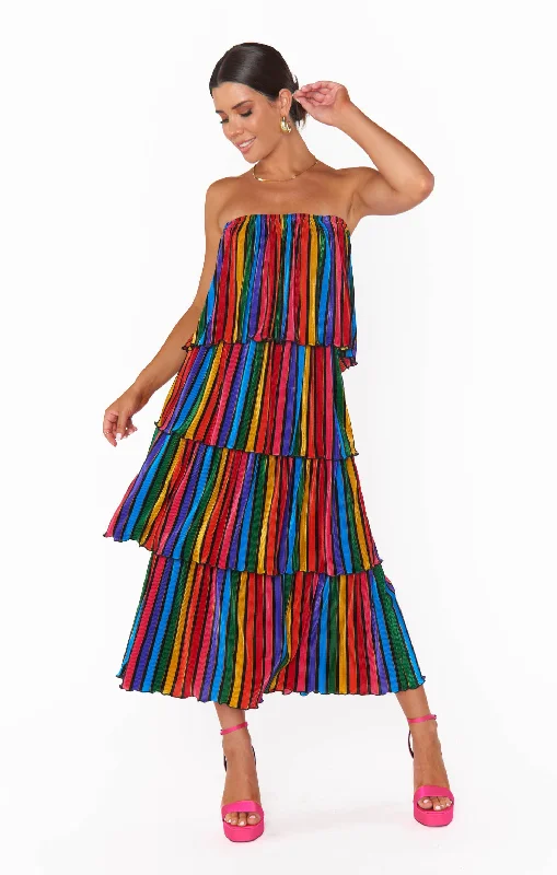 Midi Dresses in Retro Hues -Lana Midi Dress ~ Rainbow Parade Pleat